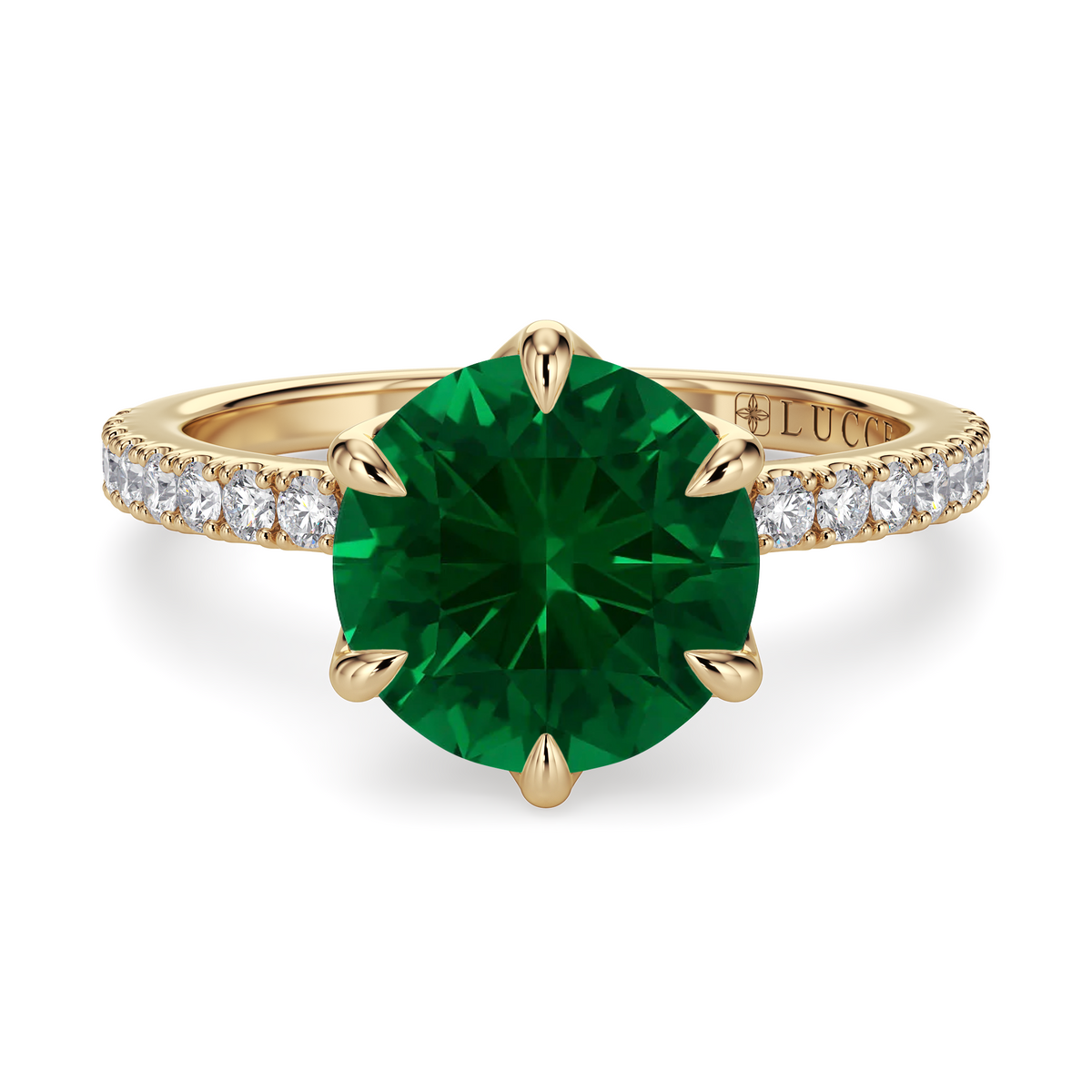 Load image into Gallery viewer, LUCCE Pavé Round Emerald Gemstone Engagement Ring with Petal Prongs in Gold or Platinum
