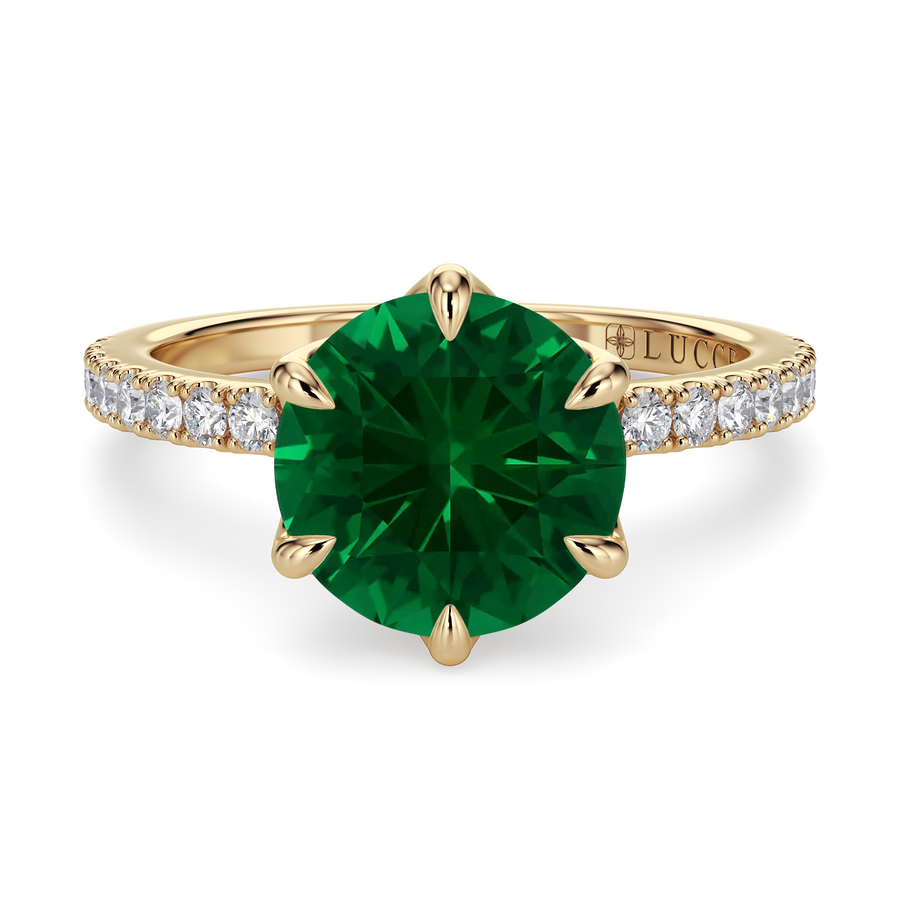 Load image into Gallery viewer, LUCCE Pavé Round Emerald Gemstone Engagement Ring with Petal Prongs in Gold or Platinum

