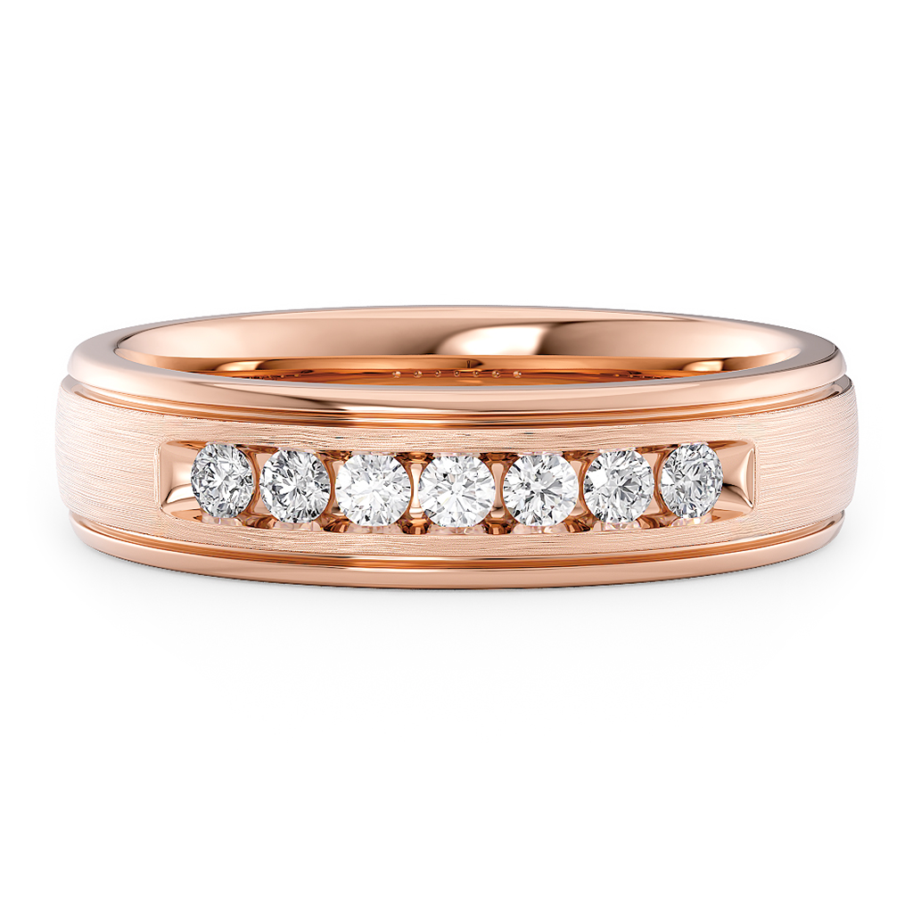 Load image into Gallery viewer, LUCCE Comfort Fit Semi Domed Unisex Wedding Ring with Grooves and Seven Diamonds in Brushed or Polished Finish in Gold or Platinum

