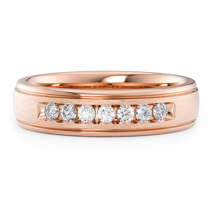 Load image into Gallery viewer, LUCCE Comfort Fit Semi Domed Unisex Wedding Ring with Grooves and Seven Diamonds in Brushed or Polished Finish in Gold or Platinum
