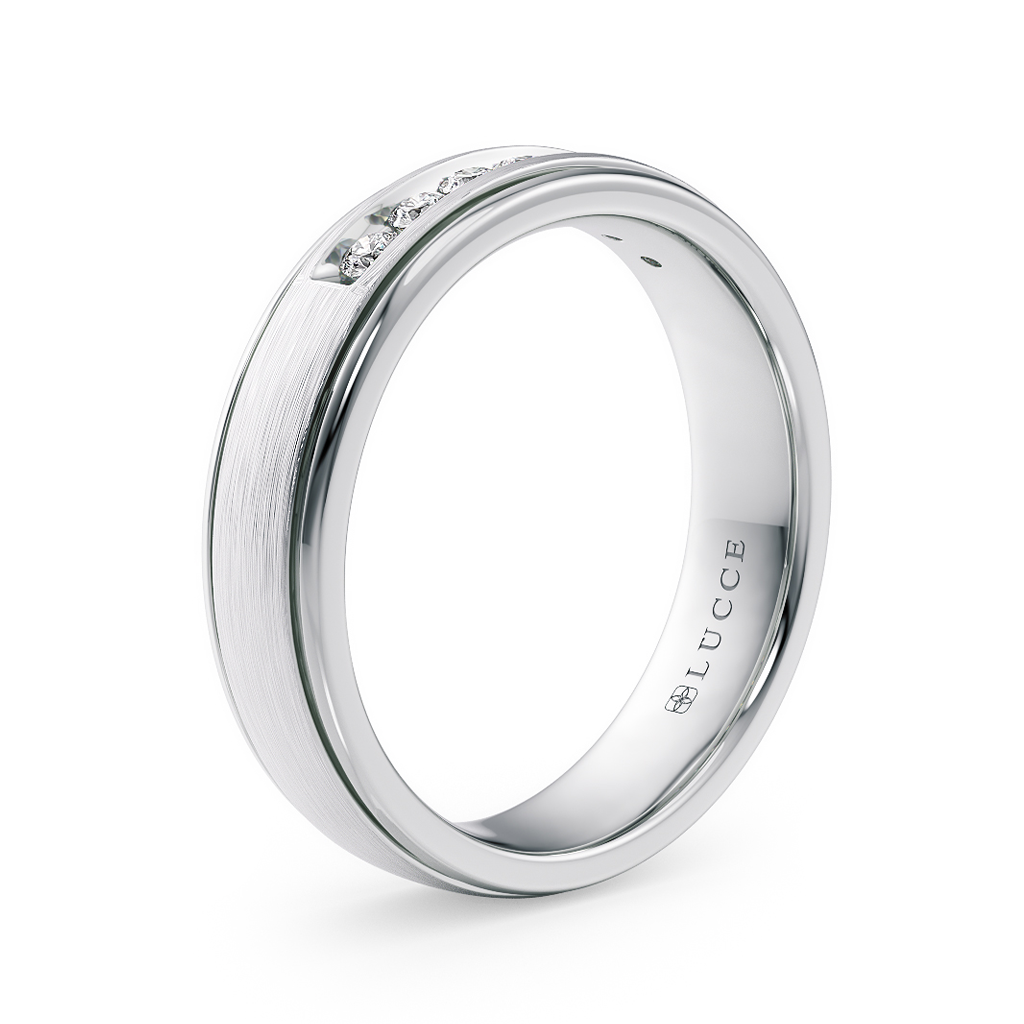 Load image into Gallery viewer, LUCCE Comfort Fit Semi Domed Unisex Wedding Ring with Grooves and Seven Diamonds in Brushed or Polished Finish in Gold or Platinum

