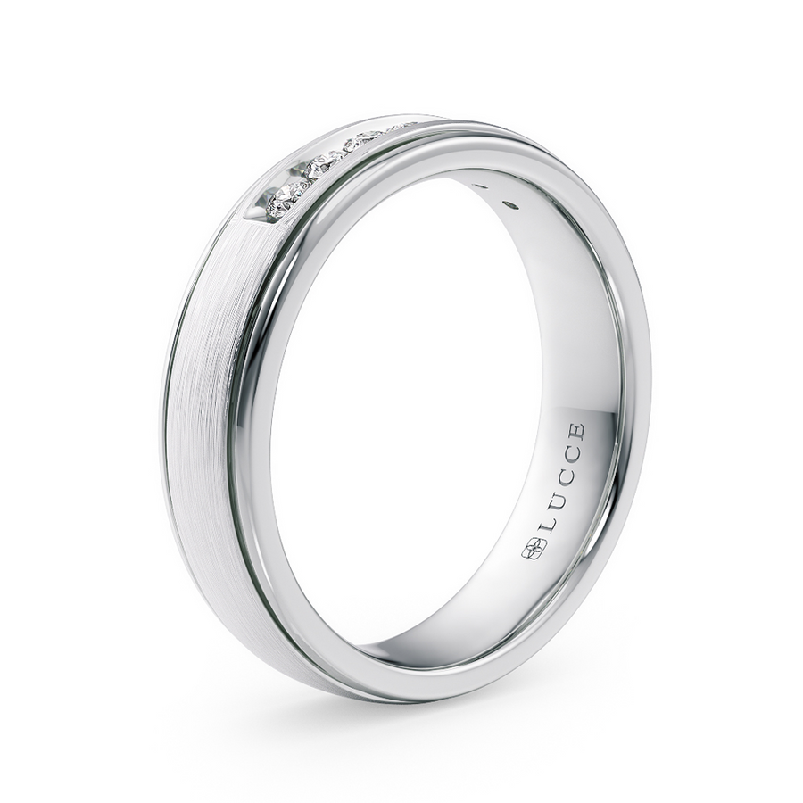 Load image into Gallery viewer, LUCCE Comfort Fit Semi Domed Unisex Wedding Ring with Grooves and Seven Diamonds in Brushed or Polished Finish in Gold or Platinum
