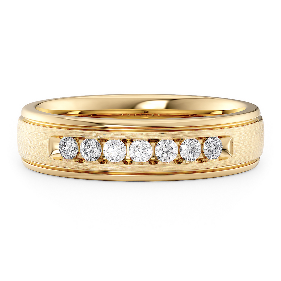 Load image into Gallery viewer, LUCCE Comfort Fit Semi Domed Unisex Wedding Ring with Grooves and Seven Diamonds in Brushed or Polished Finish in Gold or Platinum
