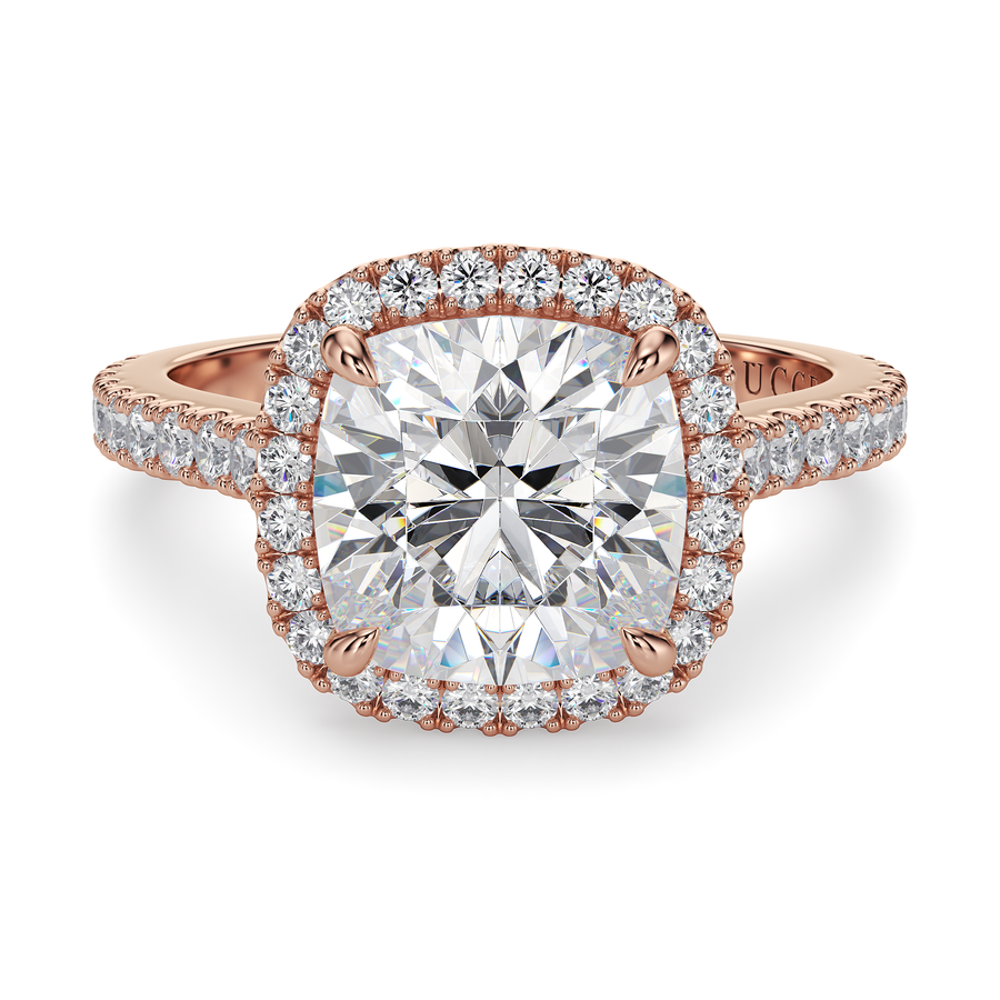 Load image into Gallery viewer, LUCCE Pavé Cathedral Cushion Diamond with Halo and Hidden Accents Engagement Ring in Gold or Platinum
