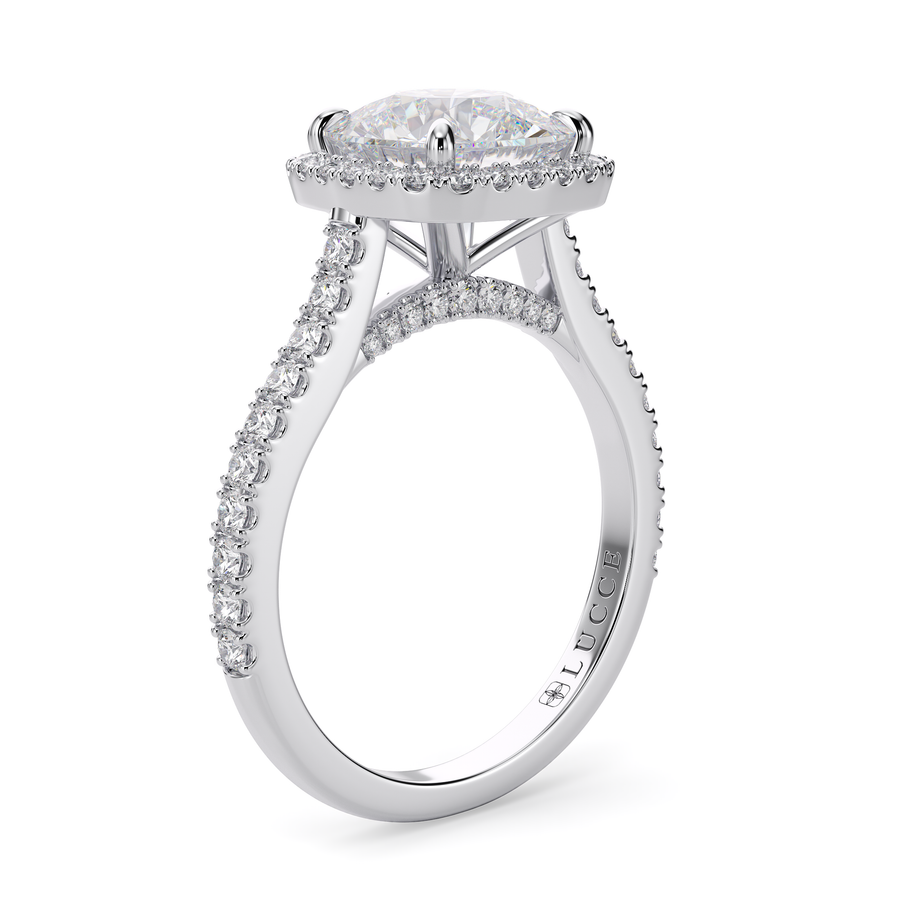 Load image into Gallery viewer, LUCCE Pavé Cathedral Cushion Diamond with Halo and Hidden Accents Engagement Ring in Gold or Platinum
