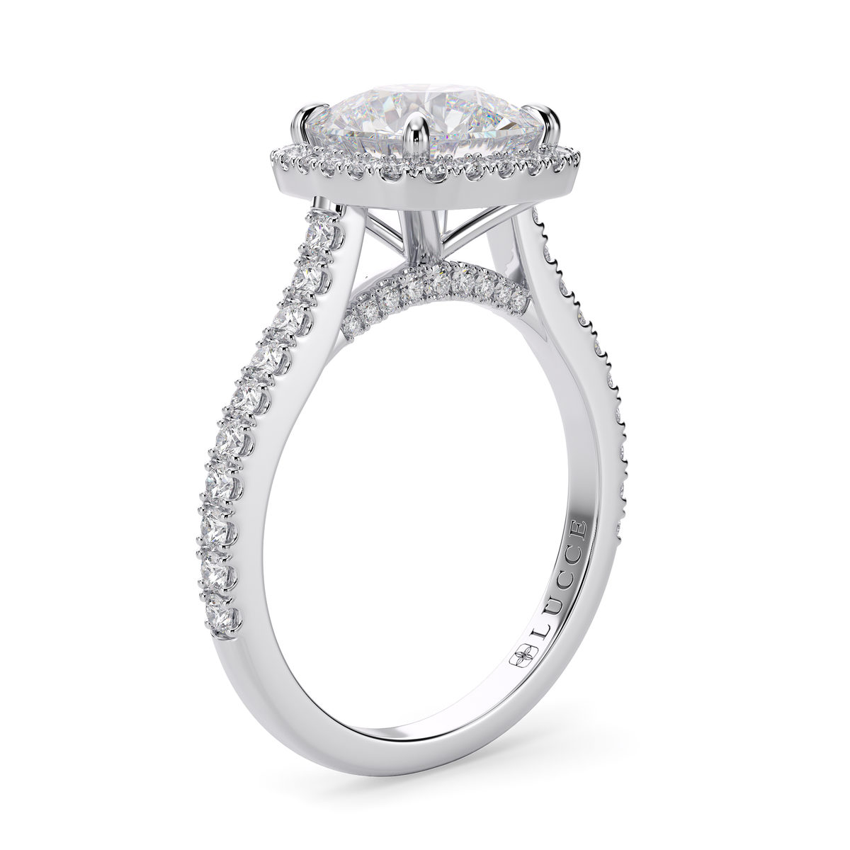 Load image into Gallery viewer, LUCCE Pavé Cathedral Cushion Diamond with Halo and Hidden Accents Engagement Ring in Gold or Platinum
