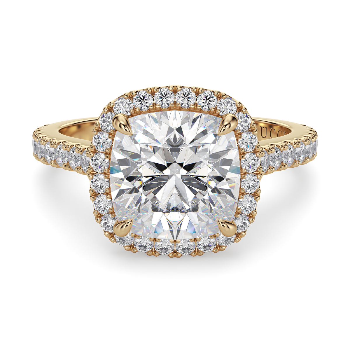 Load image into Gallery viewer, LUCCE Pavé Cathedral Cushion Diamond with Halo and Hidden Accents Engagement Ring in Gold or Platinum
