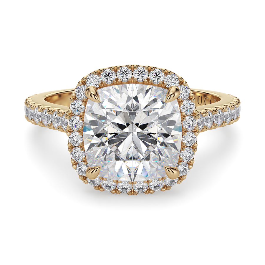 Load image into Gallery viewer, LUCCE Pavé Cathedral Cushion Diamond with Halo and Hidden Accents Engagement Ring in Gold or Platinum
