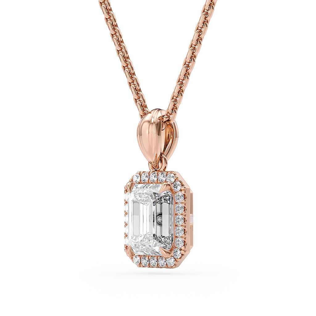 Load image into Gallery viewer, LUCCE Emerald cut Diamond necklace with Halo Pendant Necklace in Gold or Platinum
