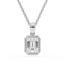 Load image into Gallery viewer, LUCCE Emerald cut Diamond necklace with Halo Pendant Necklace in Gold or Platinum
