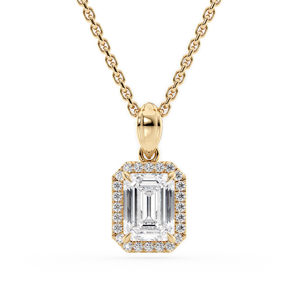 Load image into Gallery viewer, LUCCE Emerald cut Diamond necklace with Halo Pendant Necklace in Gold or Platinum
