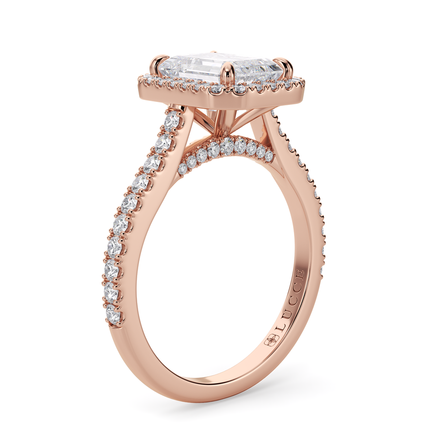 Load image into Gallery viewer, LUCCE Pavé Cathedral Emerald Diamond with Halo and Hidden Accents Engagement Ring in Gold or Platinum
