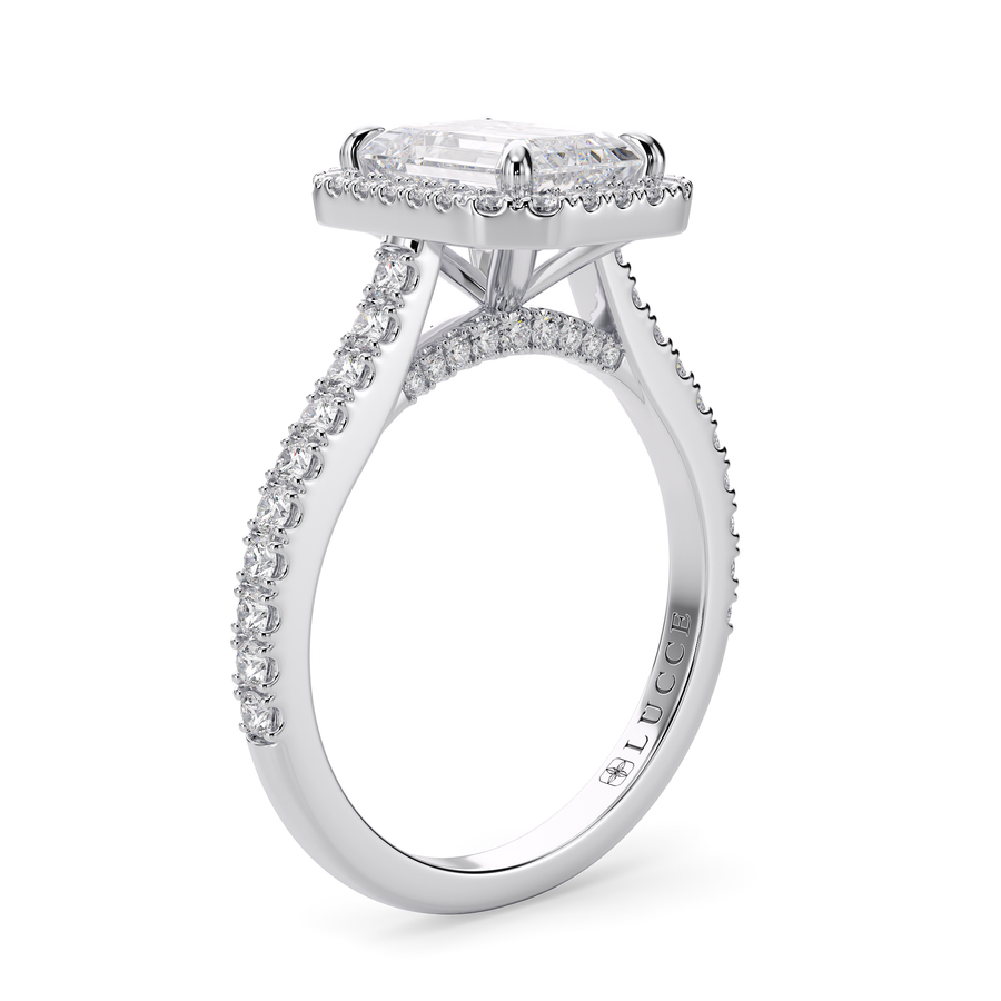 Load image into Gallery viewer, LUCCE Pavé Cathedral Radiant Diamond with Halo and Hidden Accents Engagement Ring in Gold or Platinum
