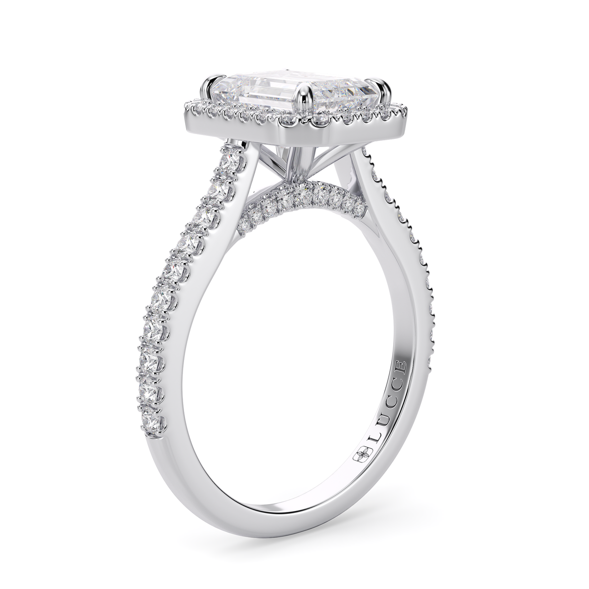 Load image into Gallery viewer, LUCCE Pavé Cathedral Radiant Diamond with Halo and Hidden Accents Engagement Ring in Gold or Platinum
