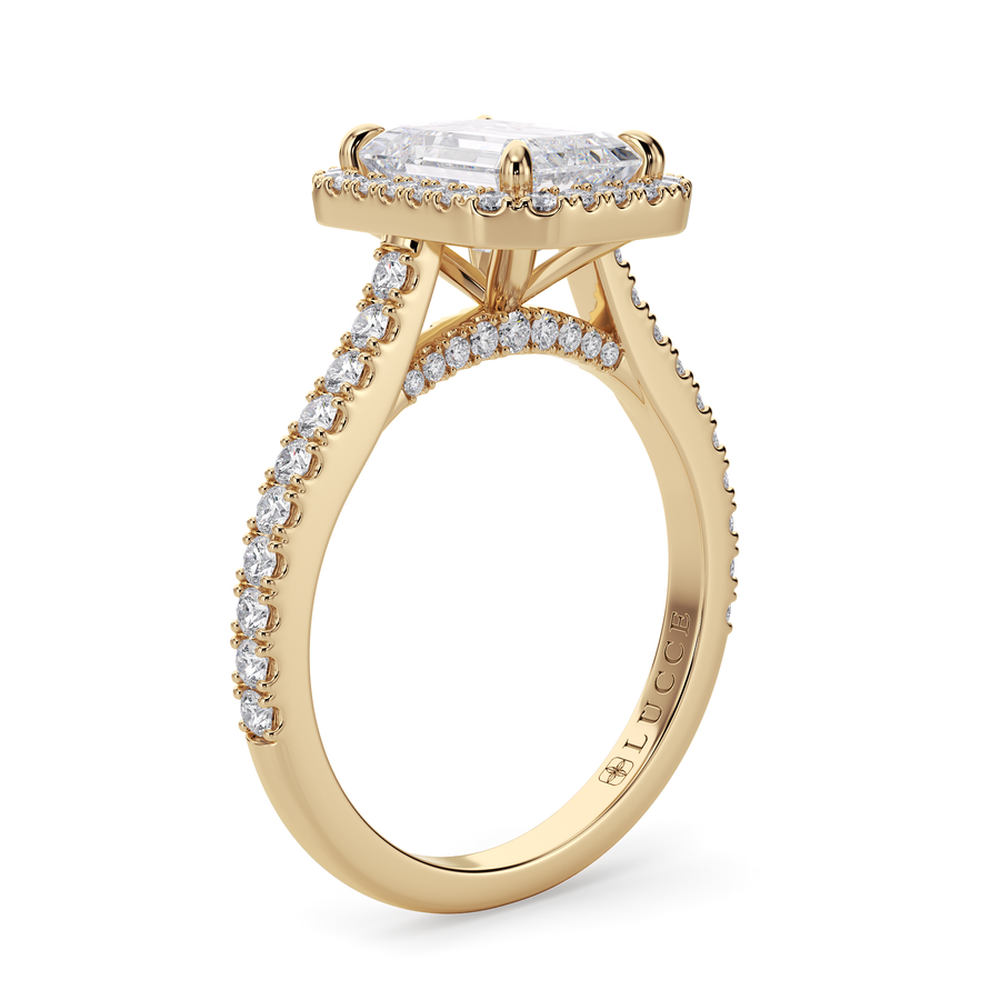 Load image into Gallery viewer, LUCCE Pavé Cathedral Radiant Diamond with Halo and Hidden Accents Engagement Ring in Gold or Platinum
