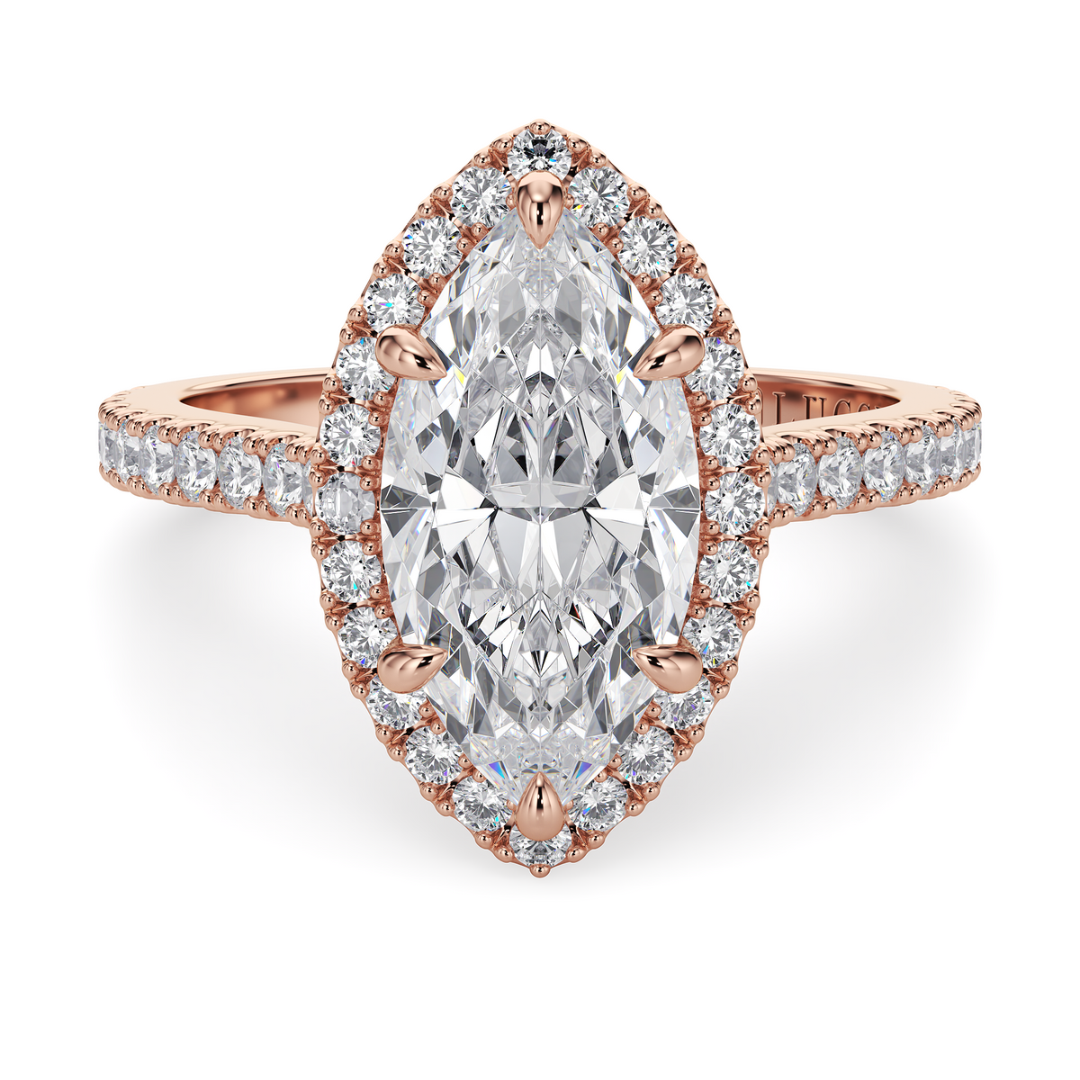 Load image into Gallery viewer, LUCCE Pavé Cathedral Marquise Diamond with Halo and Hidden Accents Engagement Ring in Gold or Platinum
