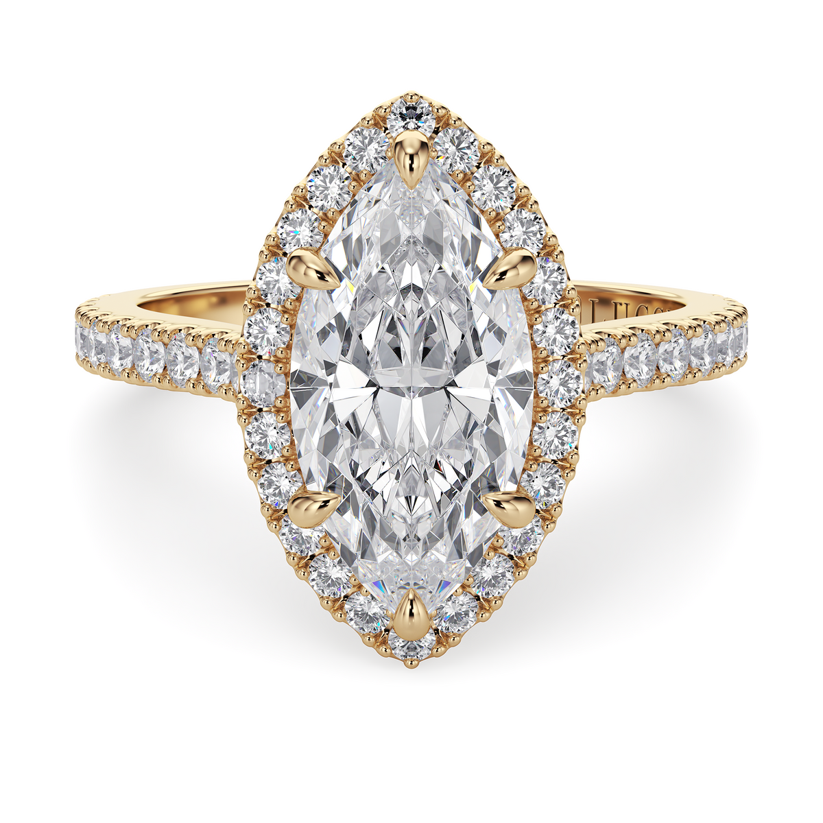 Load image into Gallery viewer, LUCCE Pavé Cathedral Marquise Diamond with Halo and Hidden Accents Engagement Ring in Gold or Platinum

