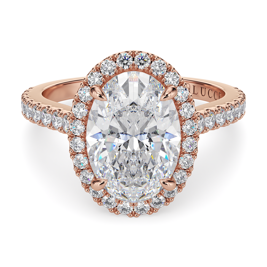 Load image into Gallery viewer, LUCCE Pavé Cathedral Oval Diamond with Halo and Hidden Accents Engagement Ring in Gold or Platinum
