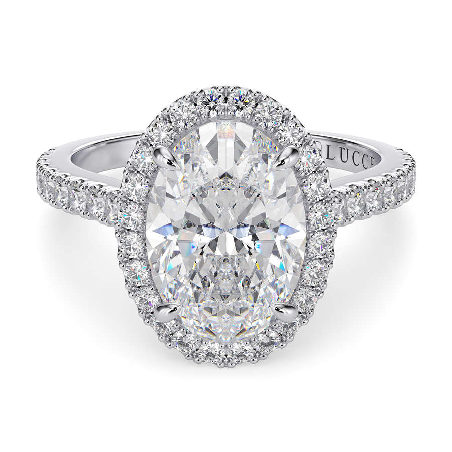 Load image into Gallery viewer, LUCCE Pavé Cathedral Oval Diamond with Halo and Hidden Accents Engagement Ring in Gold or Platinum
