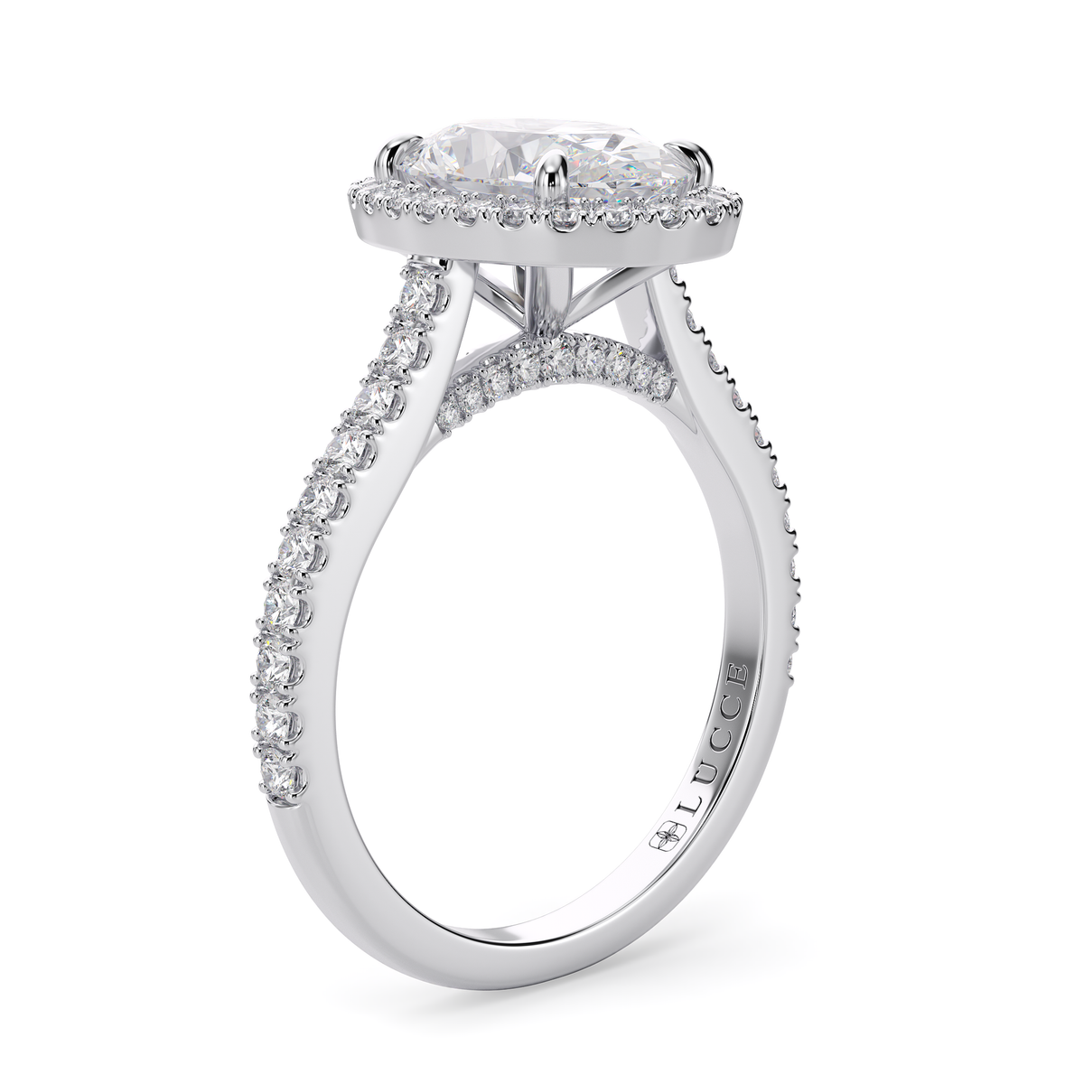 Load image into Gallery viewer, LUCCE Pavé Cathedral Oval Diamond with Halo and Hidden Accents Engagement Ring in Gold or Platinum
