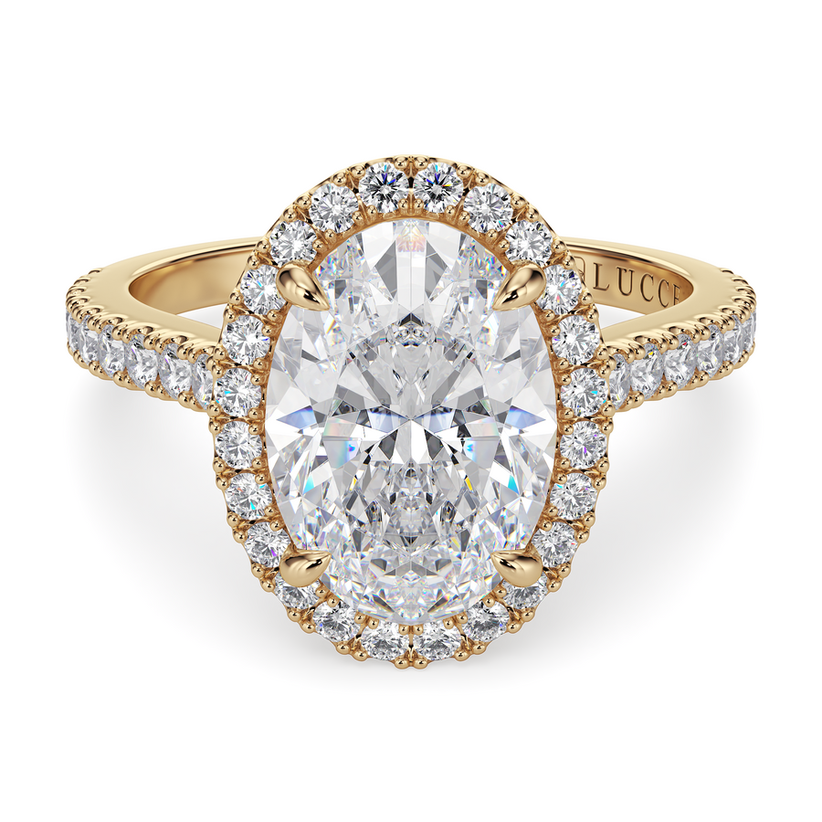 Load image into Gallery viewer, LUCCE Pavé Cathedral Oval Diamond with Halo and Hidden Accents Engagement Ring in Gold or Platinum
