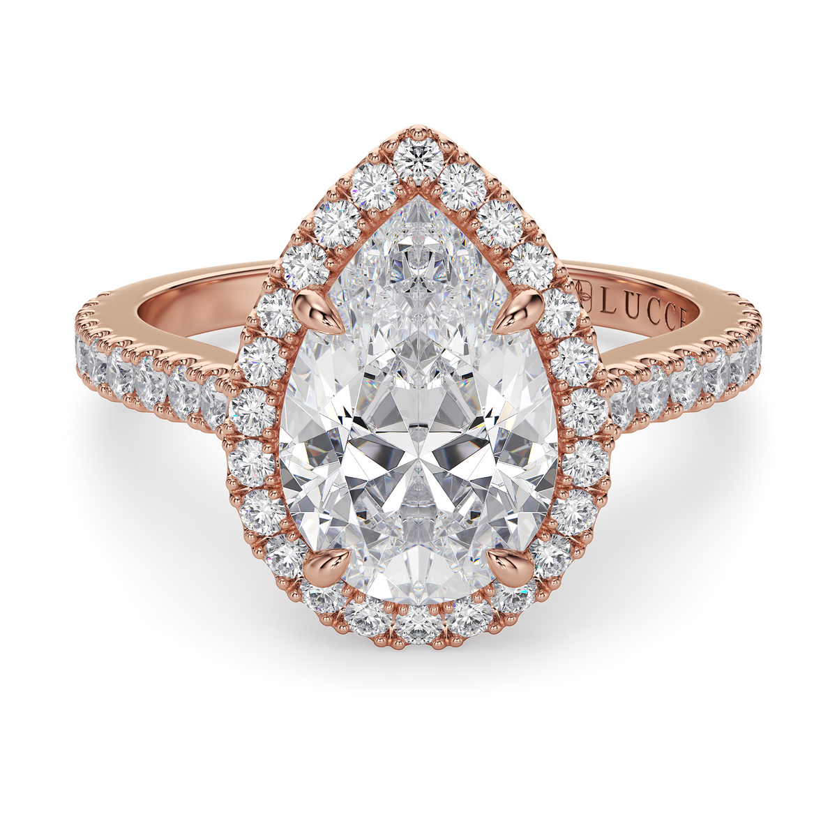 Load image into Gallery viewer, LUCCE Pavé Cathedral Pear Diamond with Halo and Hidden Accents Engagement Ring in Gold or Platinum
