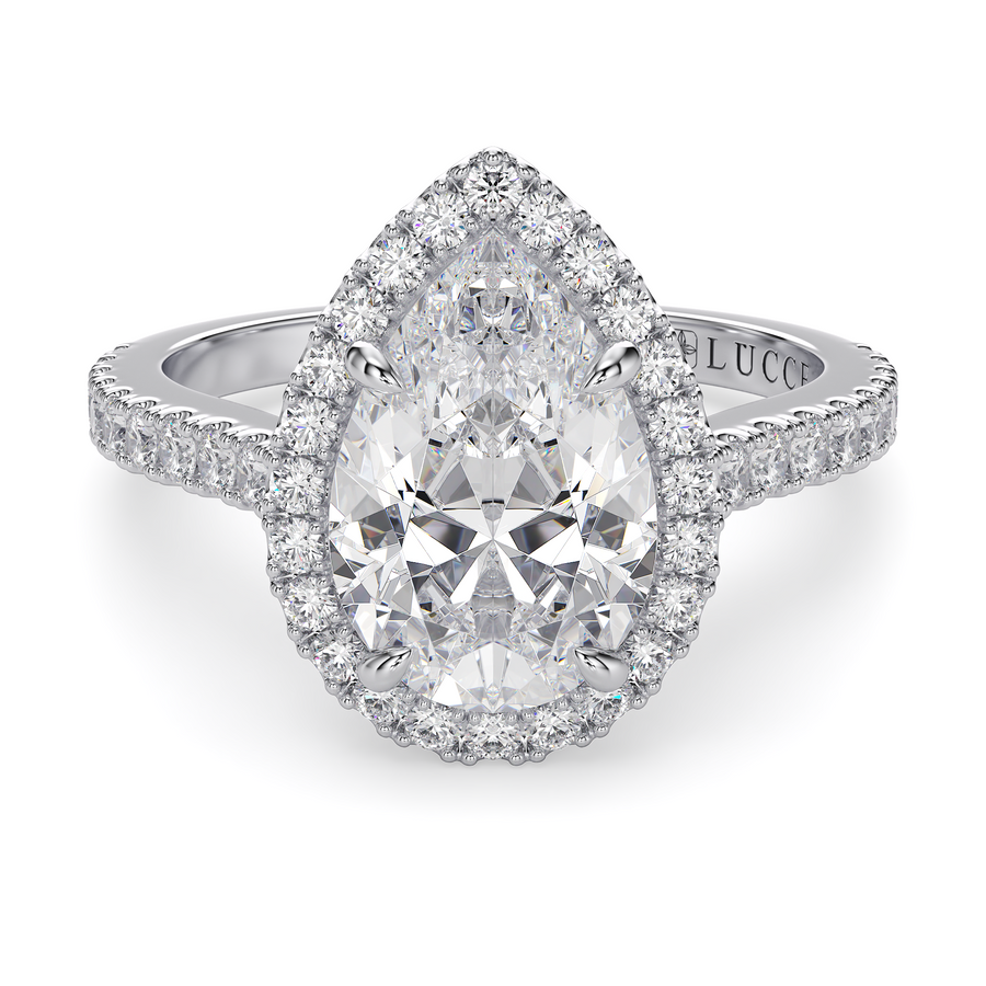 Load image into Gallery viewer, LUCCE Pavé Cathedral Pear Diamond with Halo and Hidden Accents Engagement Ring in Gold or Platinum
