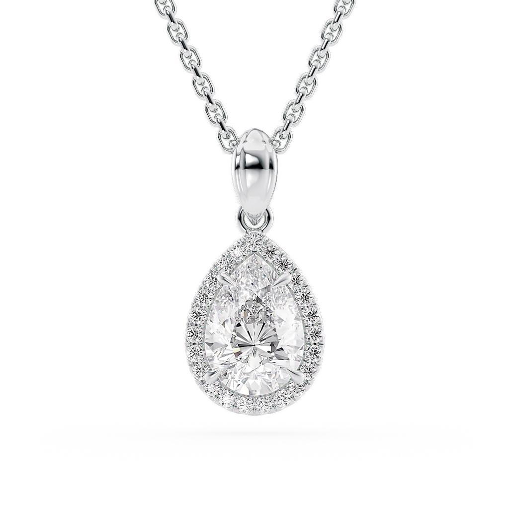 Load image into Gallery viewer, LUCCE Pear cut Diamond necklace with Halo Pendant Necklace in Gold or Platinum
