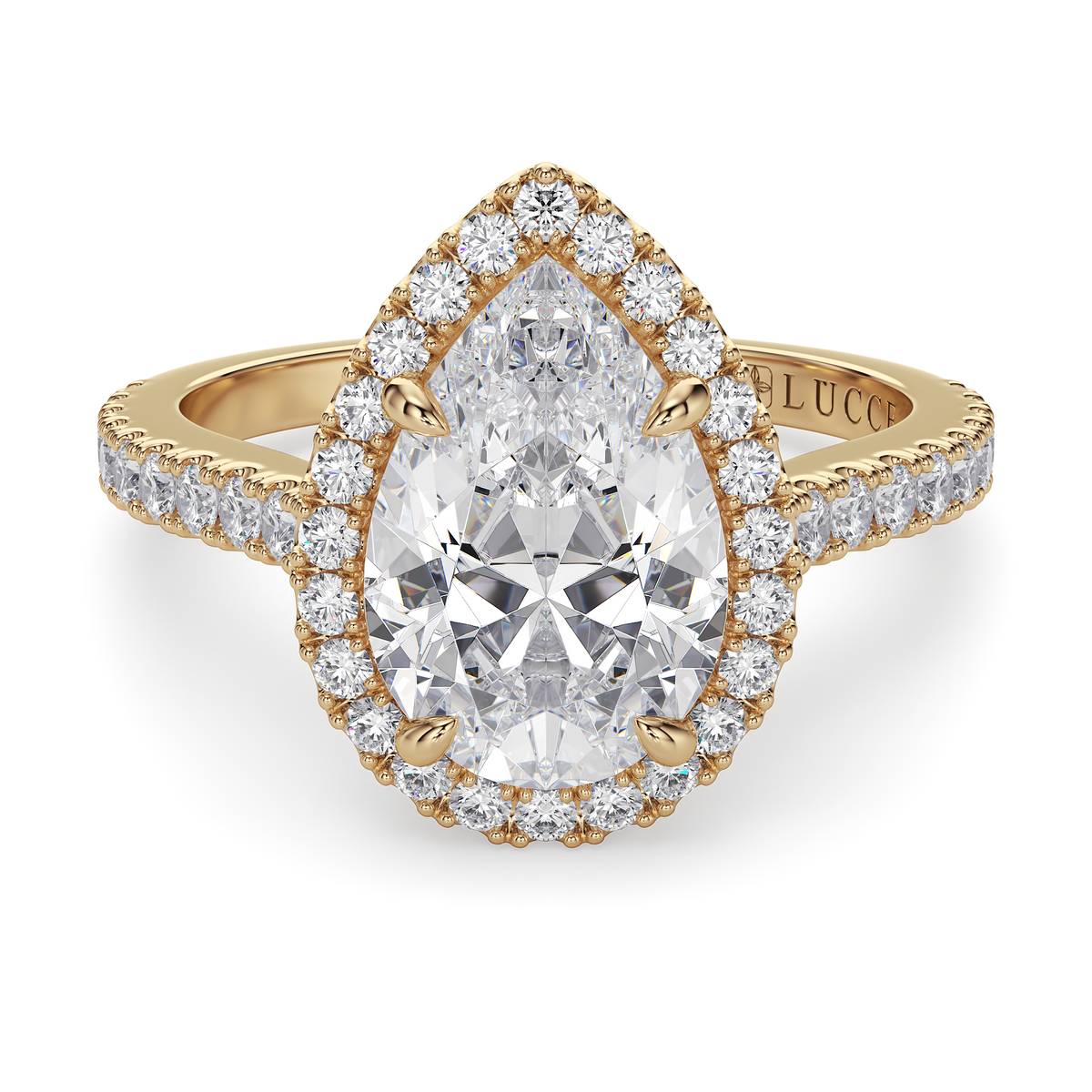 Load image into Gallery viewer, LUCCE Pavé Cathedral Pear Diamond with Halo and Hidden Accents Engagement Ring in Gold or Platinum
