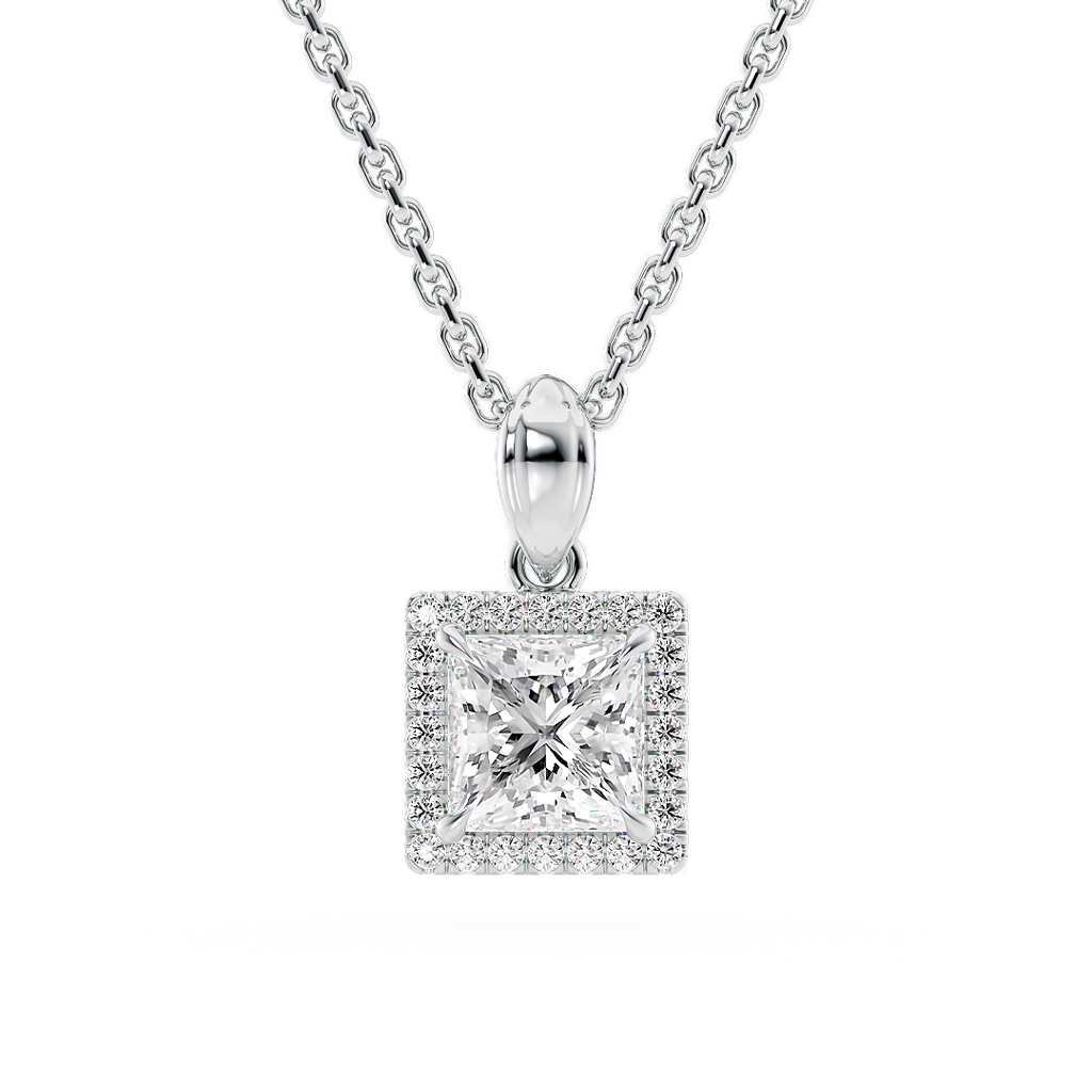 Load image into Gallery viewer, LUCCE Princess cut Diamond necklace with Halo Pendant Necklace in Gold or Platinum
