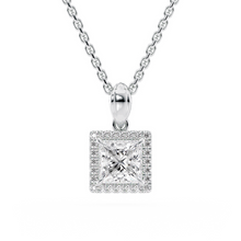Load image into Gallery viewer, LUCCE Princess cut Diamond necklace with Halo Pendant Necklace in Gold or Platinum
