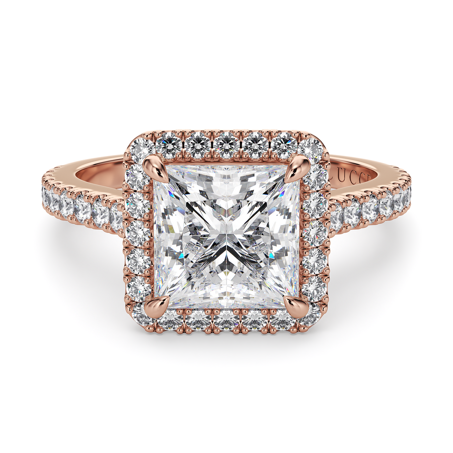Load image into Gallery viewer, LUCCE Pavé Cathedral Princess Diamond with Halo and Hidden Accents Engagement Ring in Gold or Platinum
