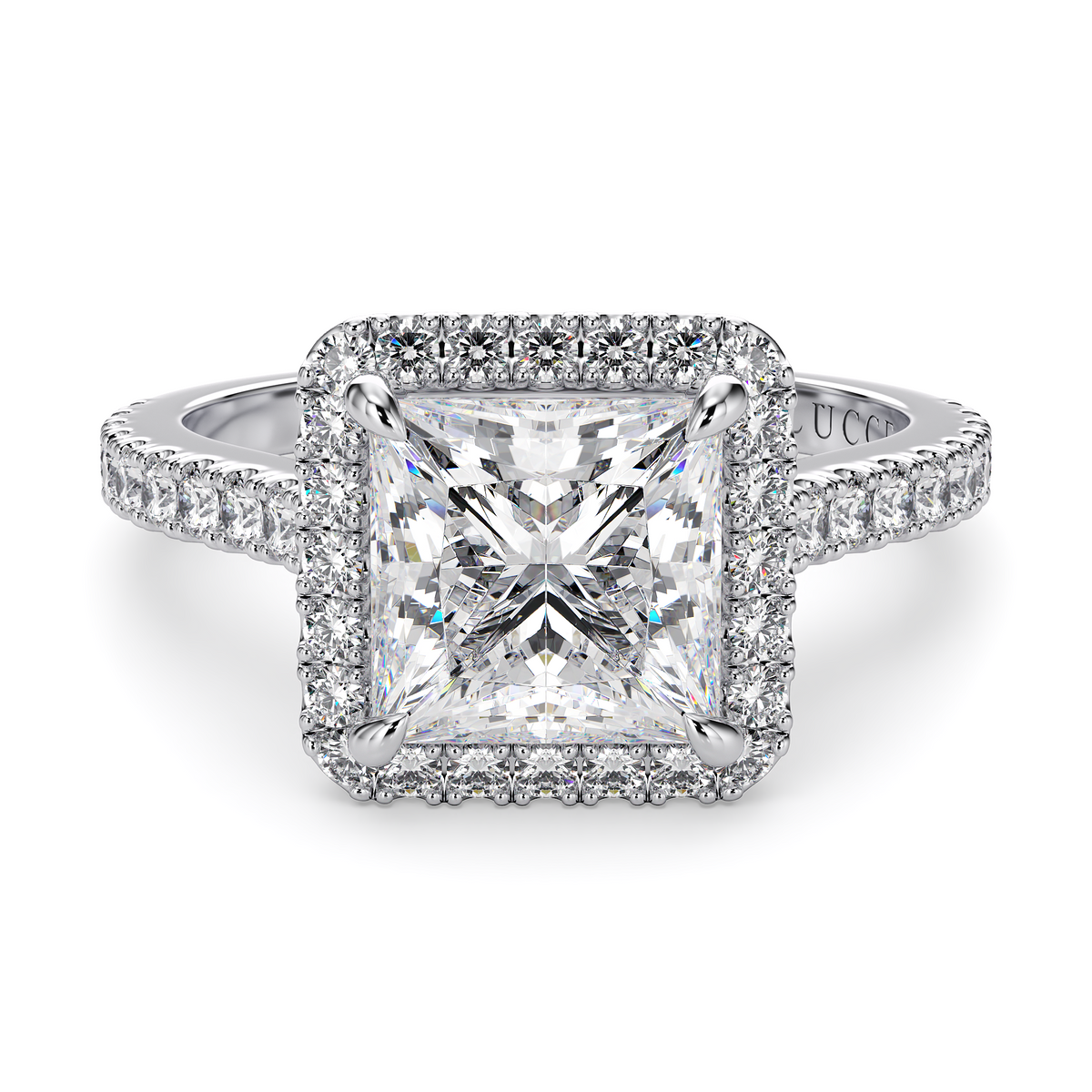 Load image into Gallery viewer, LUCCE Pavé Cathedral Princess Diamond with Halo and Hidden Accents Engagement Ring in Gold or Platinum

