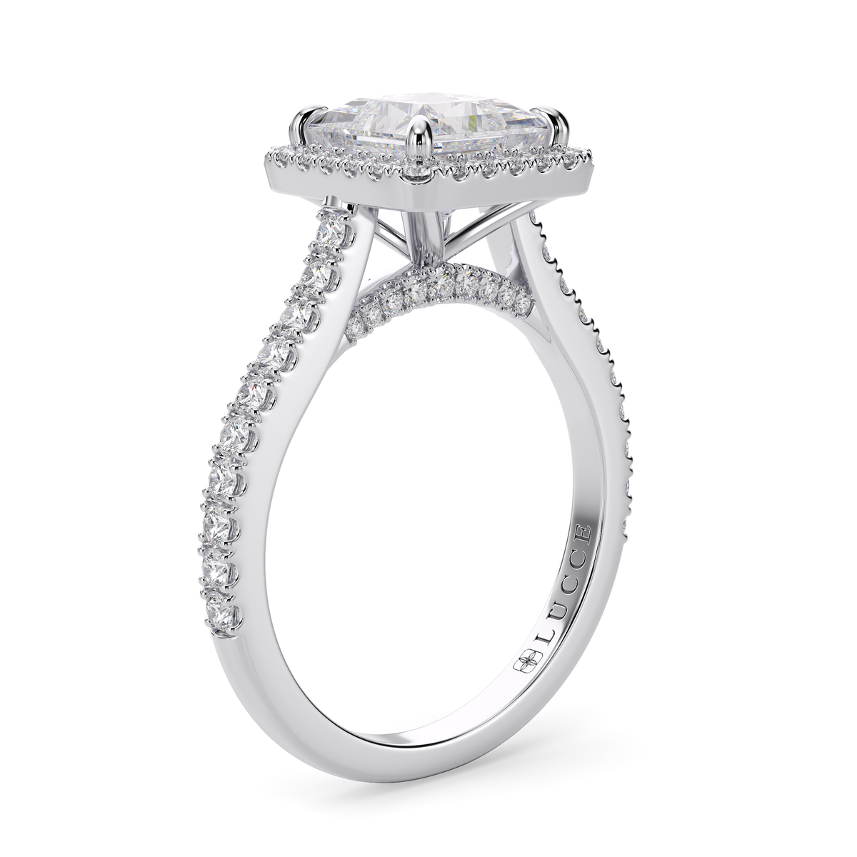 Load image into Gallery viewer, LUCCE Pavé Cathedral Princess Diamond with Halo and Hidden Accents Engagement Ring in Gold or Platinum
