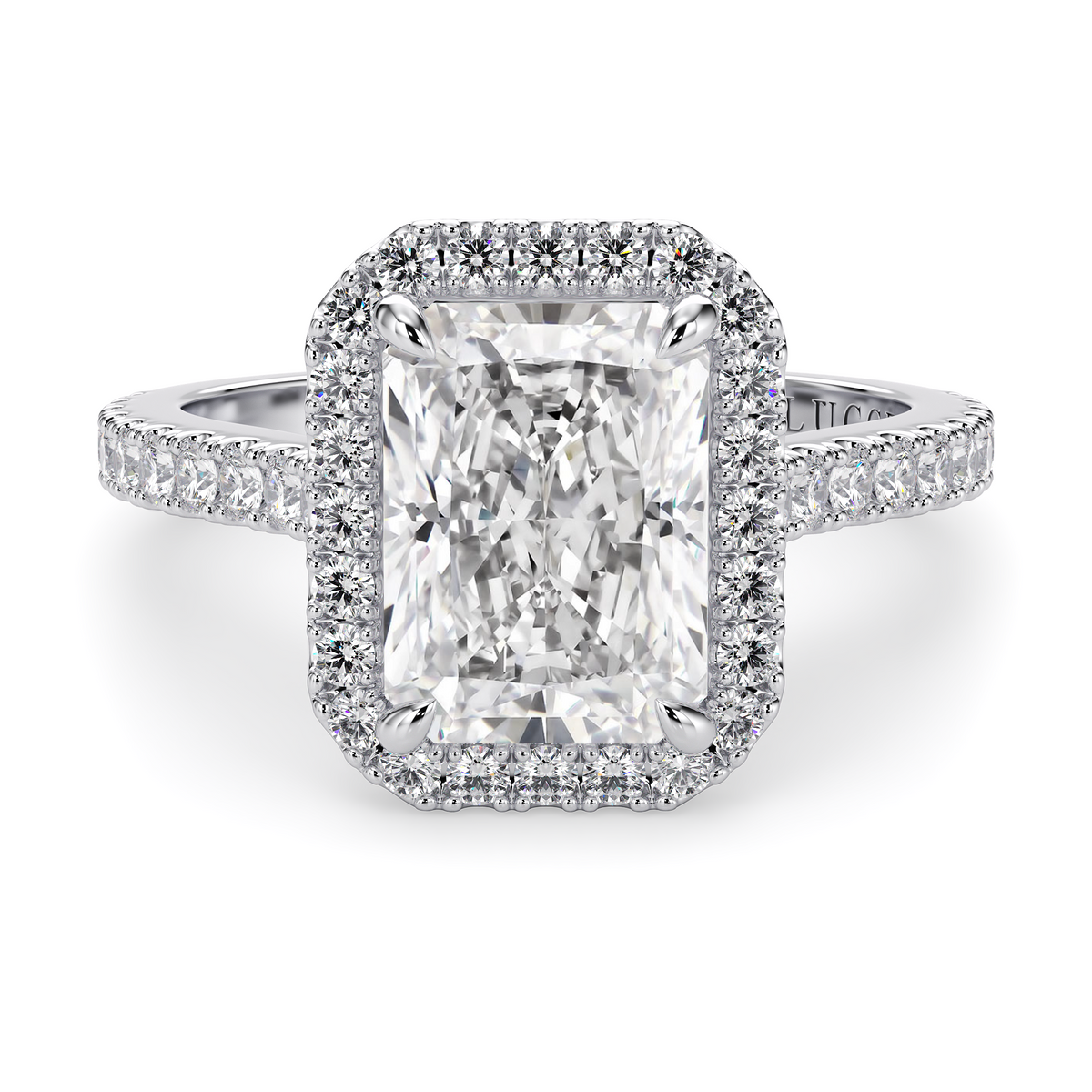 Load image into Gallery viewer, LUCCE Pavé Cathedral Radiant Diamond with Halo and Hidden Accents Engagement Ring in Gold or Platinum
