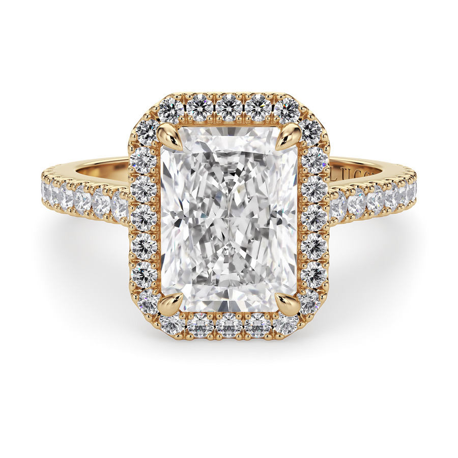 Load image into Gallery viewer, LUCCE Pavé Cathedral Radiant Diamond with Halo and Hidden Accents Engagement Ring in Gold or Platinum
