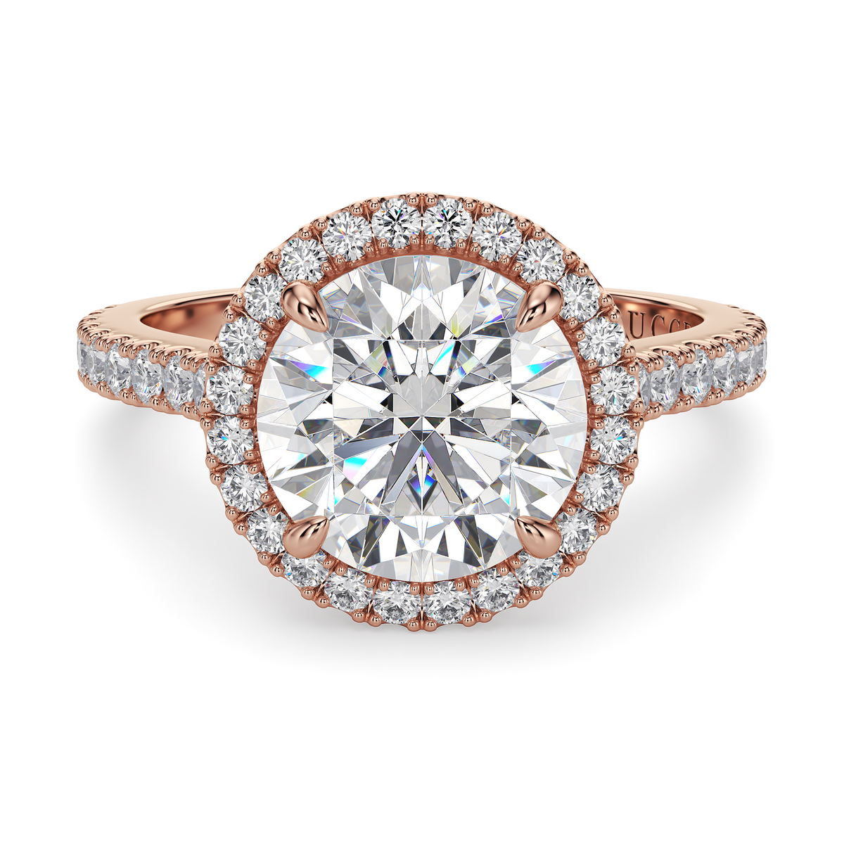 Load image into Gallery viewer, LUCCE Pavé Cathedral Round Diamond with Halo and Hidden Accents Engagement Ring in Gold or Platinum
