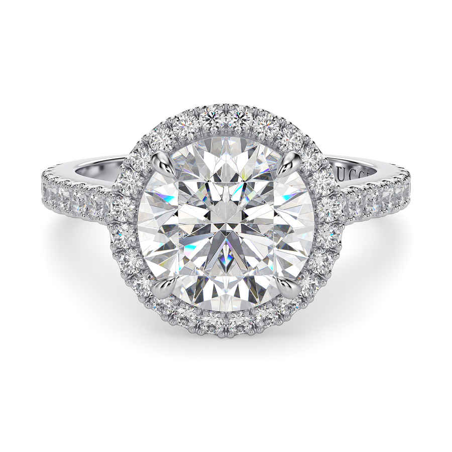 Load image into Gallery viewer, LUCCE Pavé Cathedral Round Diamond with Halo and Hidden Accents Engagement Ring in Gold or Platinum
