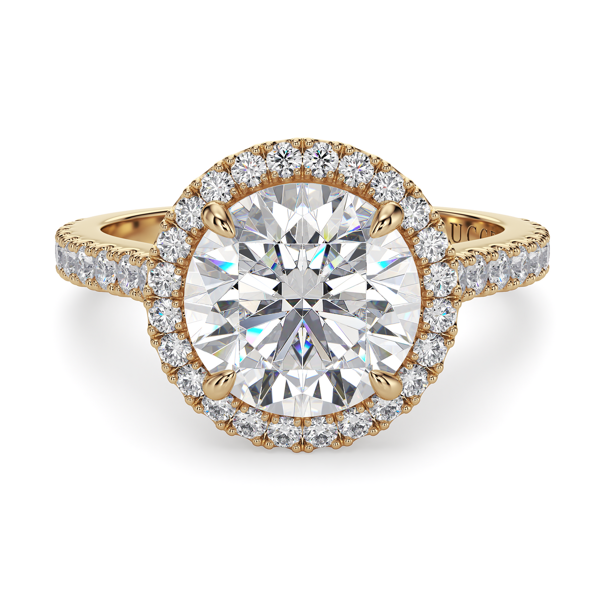 Load image into Gallery viewer, LUCCE Pavé Cathedral Round Diamond with Halo and Hidden Accents Engagement Ring in Gold or Platinum
