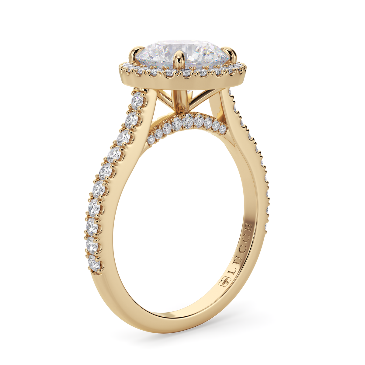 Load image into Gallery viewer, LUCCE Pavé Cathedral Round Diamond with Halo and Hidden Accents Engagement Ring in Gold or Platinum
