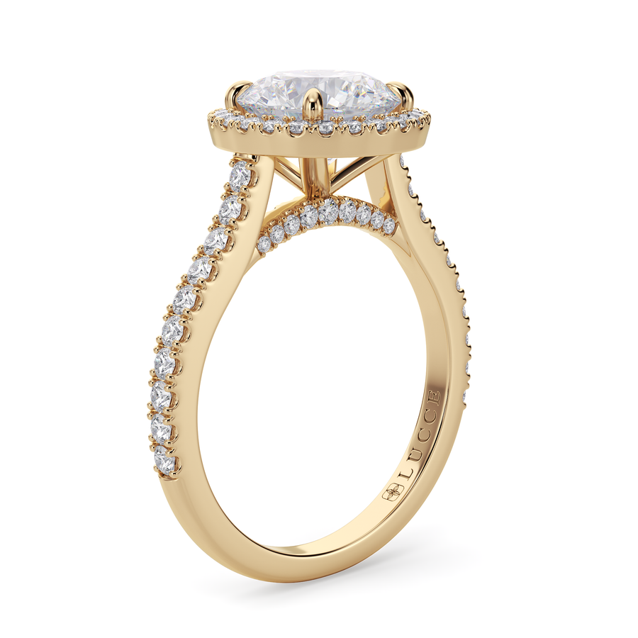 Load image into Gallery viewer, LUCCE Pavé Cathedral Round Diamond with Halo and Hidden Accents Engagement Ring in Gold or Platinum
