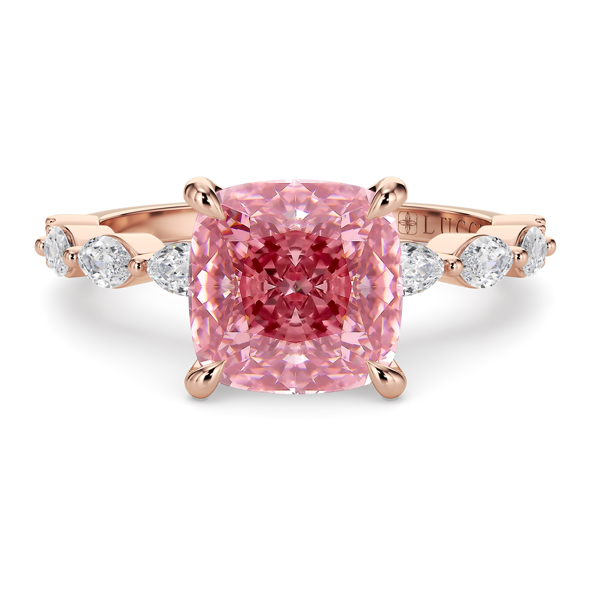 Load image into Gallery viewer, LUCCE Cluster Shared Prong Cushion Pink Diamond Engagement Ring with Petal Prongs in Gold or Platinum
