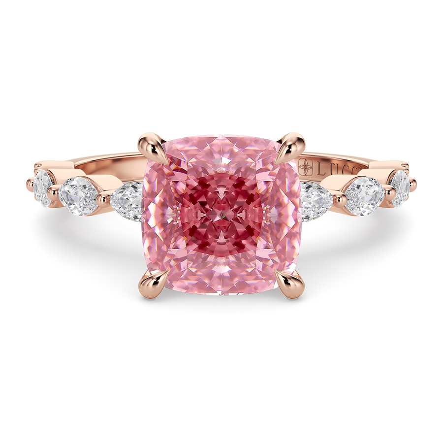 Load image into Gallery viewer, LUCCE Cluster Shared Prong Cushion Pink Diamond Engagement Ring with Petal Prongs in Gold or Platinum

