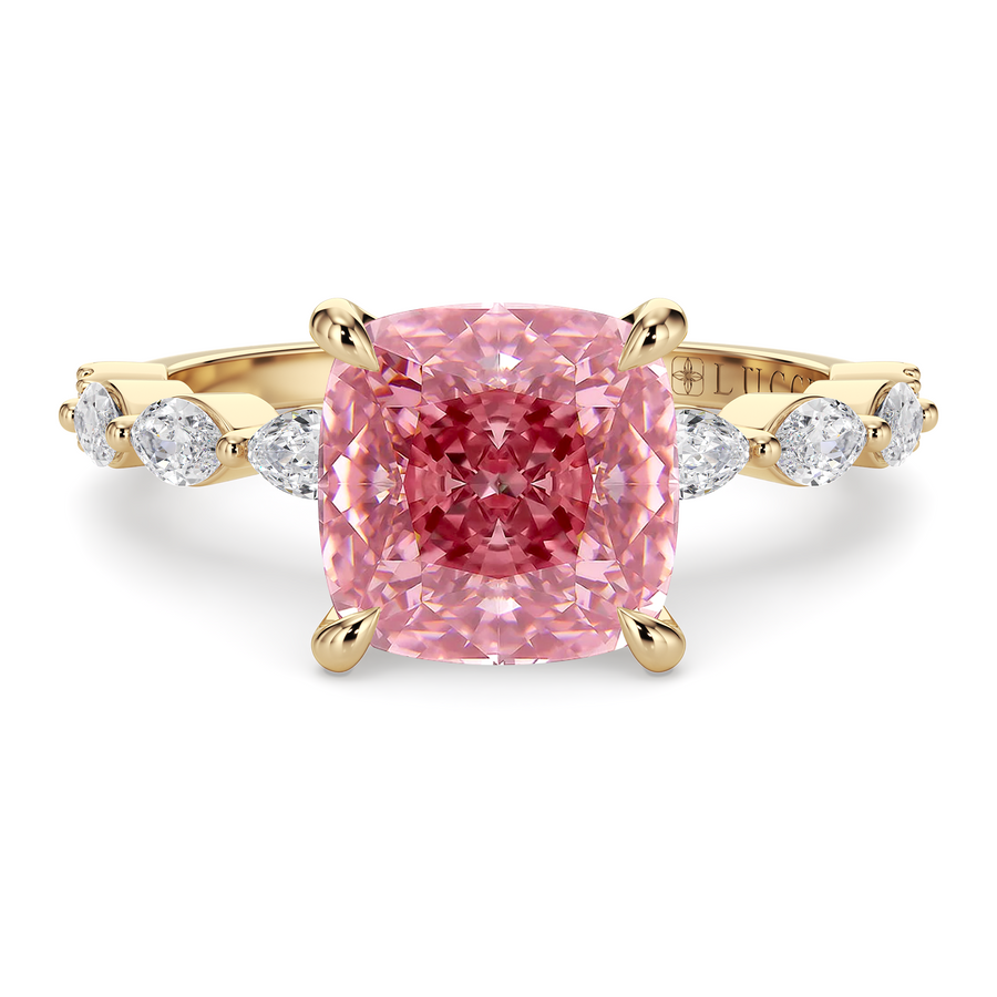 Load image into Gallery viewer, LUCCE Cluster Shared Prong Cushion Pink Diamond Engagement Ring with Petal Prongs in Gold or Platinum
