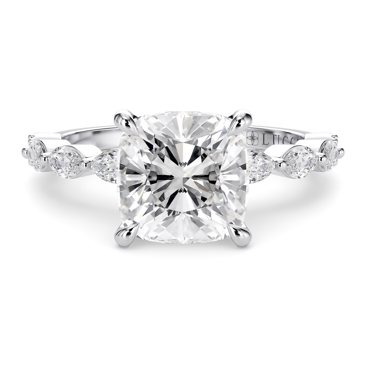 Load image into Gallery viewer, LUCCE Cluster Shared Prong Cushion Diamond Engagement Ring with Petal Prongs in Gold or Platinum
