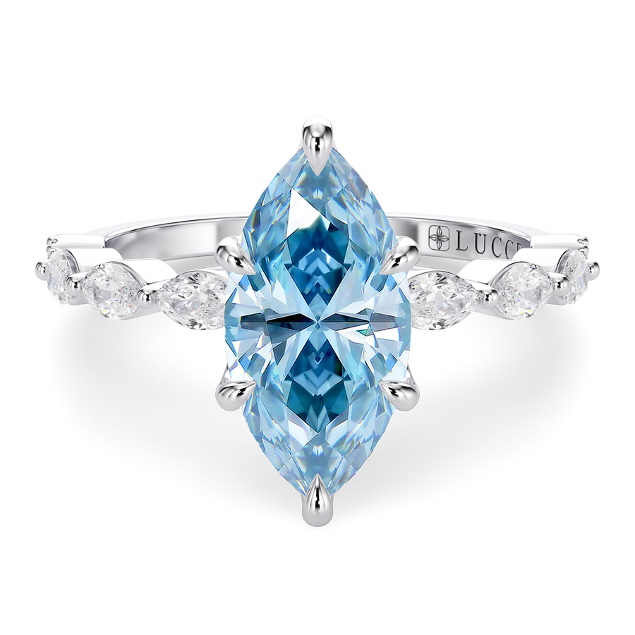 Load image into Gallery viewer, LUCCE Cluster Shared Prong Marquise Blue Diamond Engagement Ring with Petal Prongs in Gold or Platinum
