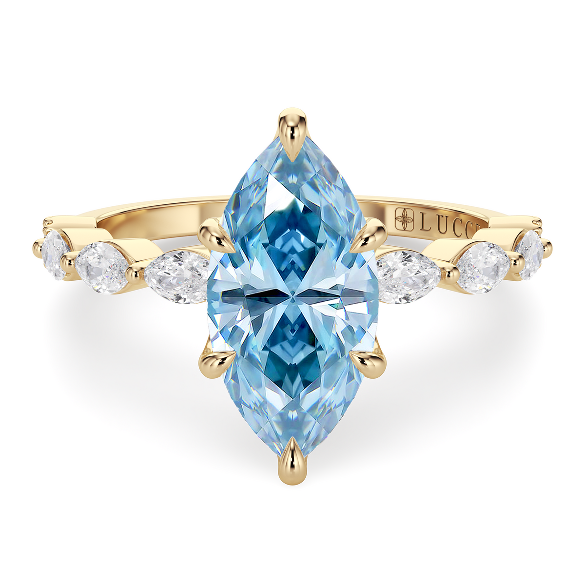 Load image into Gallery viewer, LUCCE Cluster Shared Prong Marquise Blue Diamond Engagement Ring with Petal Prongs in Gold or Platinum

