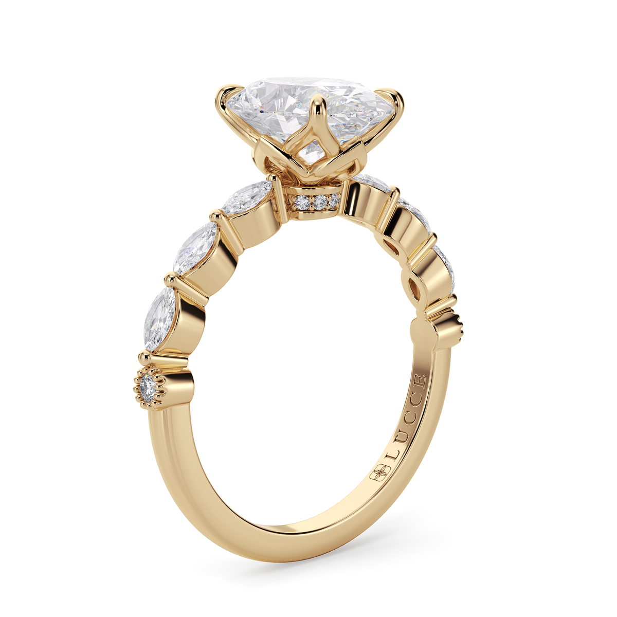 Load image into Gallery viewer, LUCCE Cluster Shared Prong Oval Diamond Engagement Ring with Petal Prongs in Gold or Platinum
