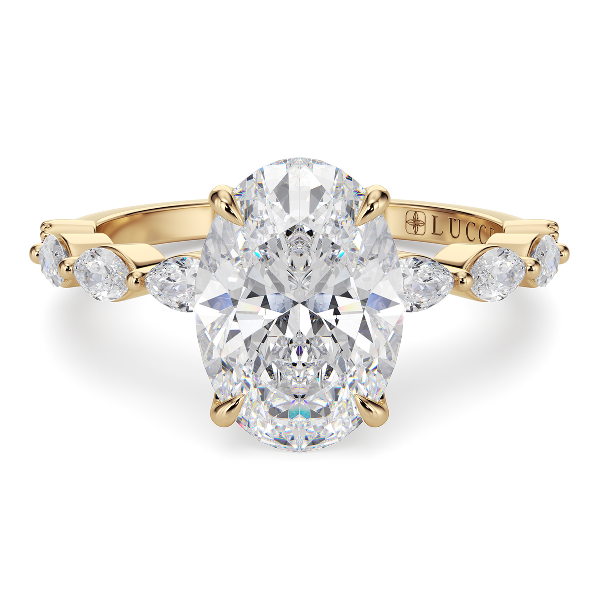 Load image into Gallery viewer, LUCCE Cluster Shared Prong Oval Diamond Engagement Ring with Petal Prongs in Gold or Platinum
