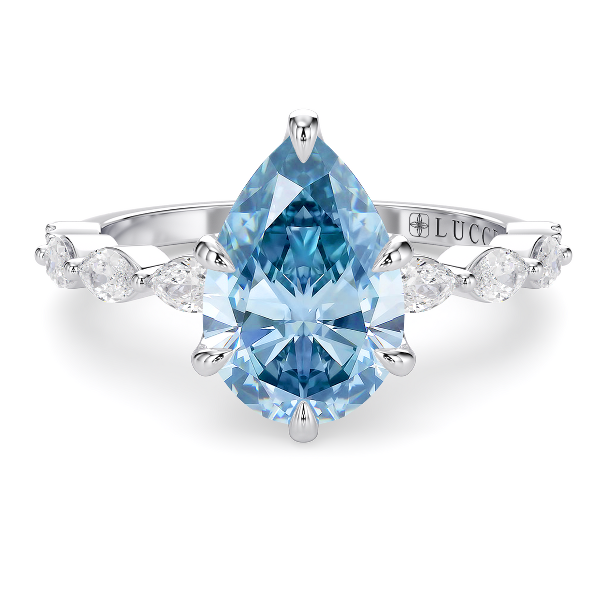 Load image into Gallery viewer, LUCCE Cluster Shared Prong Pear Blue Diamond Engagement Ring with Petal Prongs in Gold or Platinum
